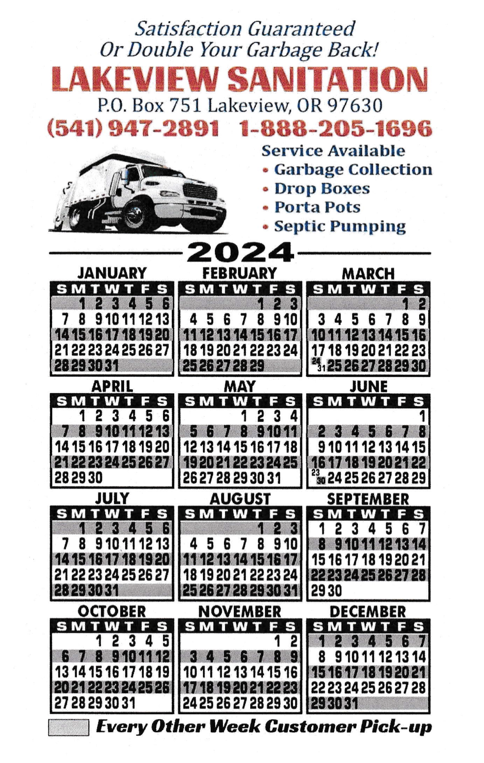 2024 Calendar Lakeview Sanitation Services, LLC